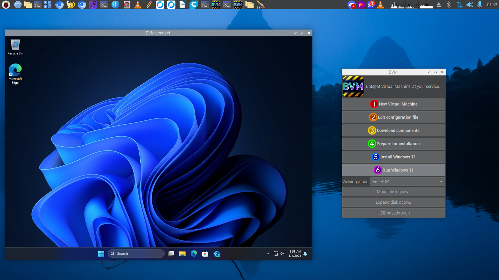 Botspot Virtual Machine running Windows 11 on Raspberry Pi through QEMU KVM.