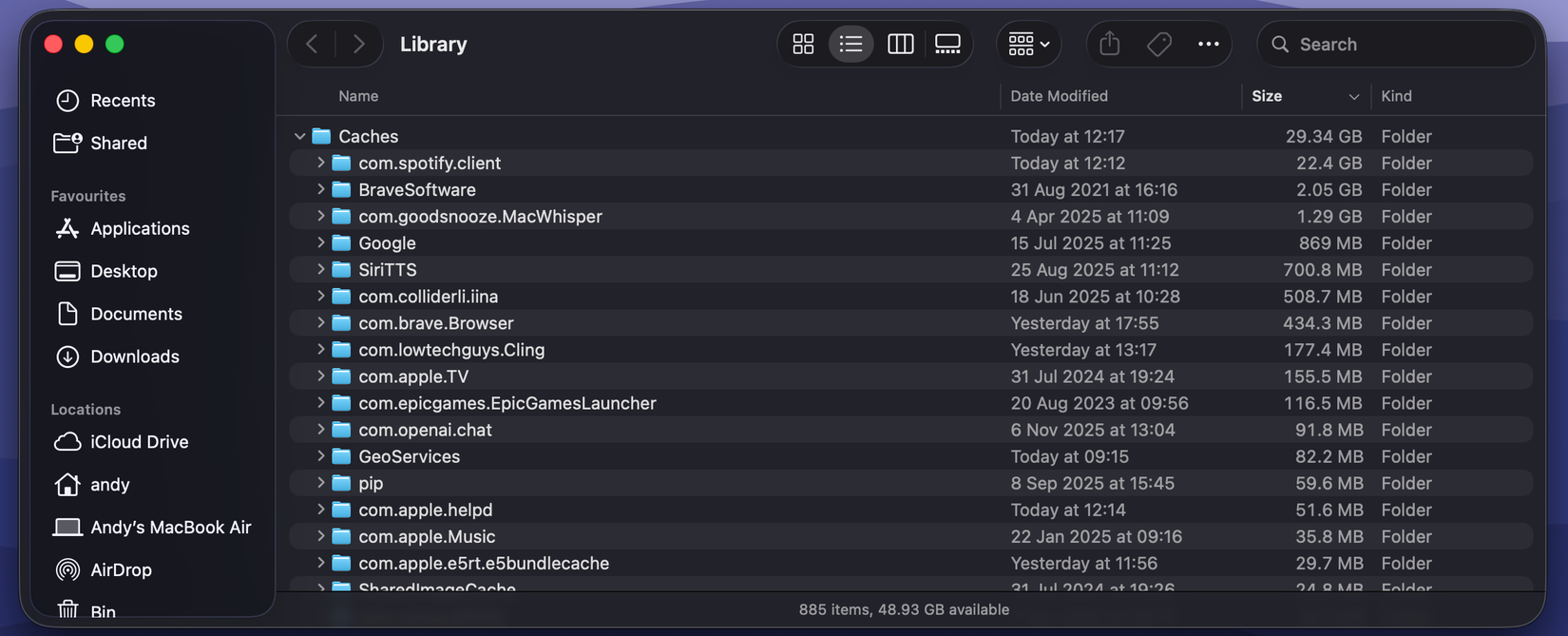 Caches in the Library folder.