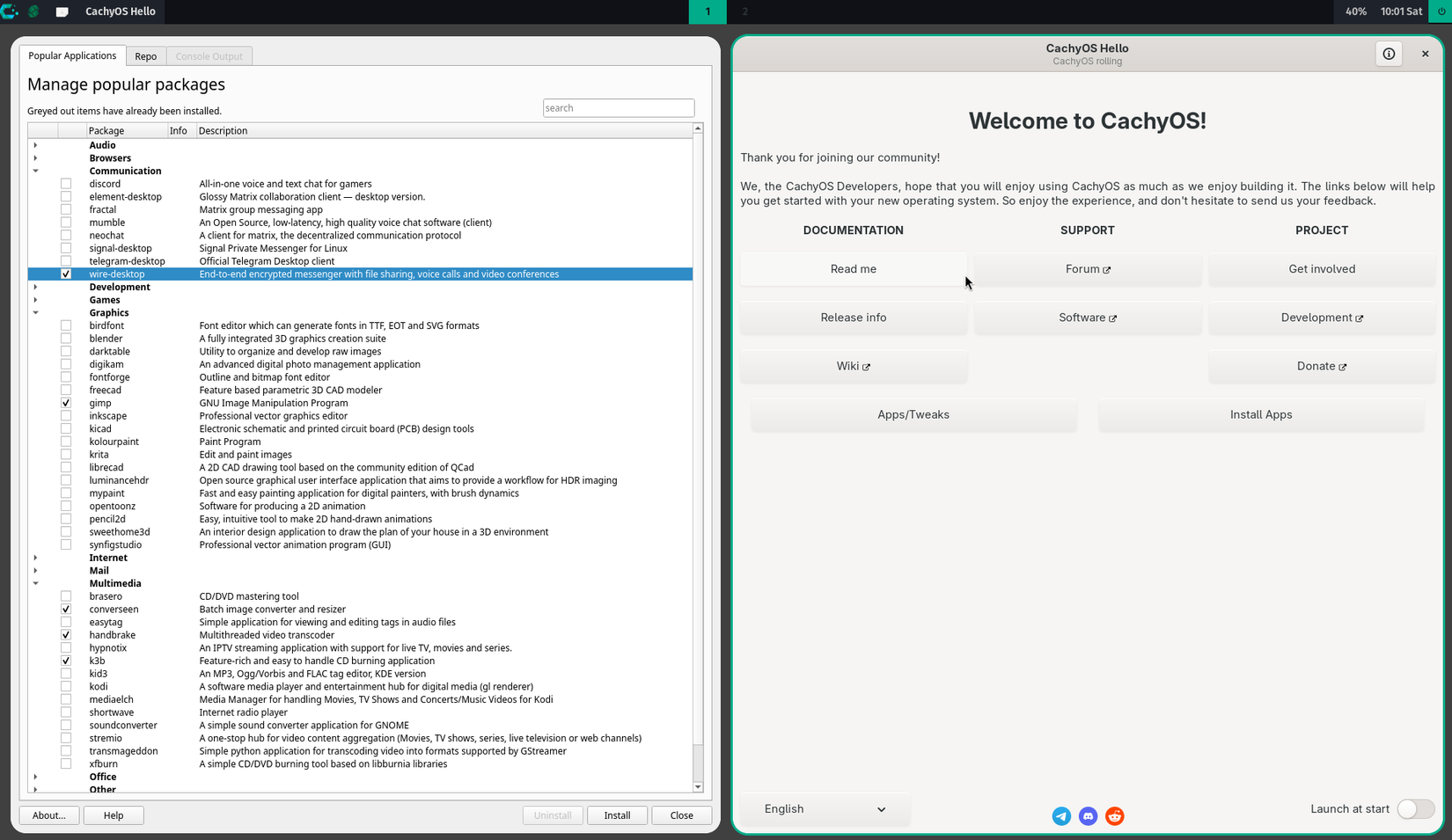 CachyOS executando o gerenciador de janelas i3 com o gerenciador de software e a caixa de diálogo de boas-vindas abertas.