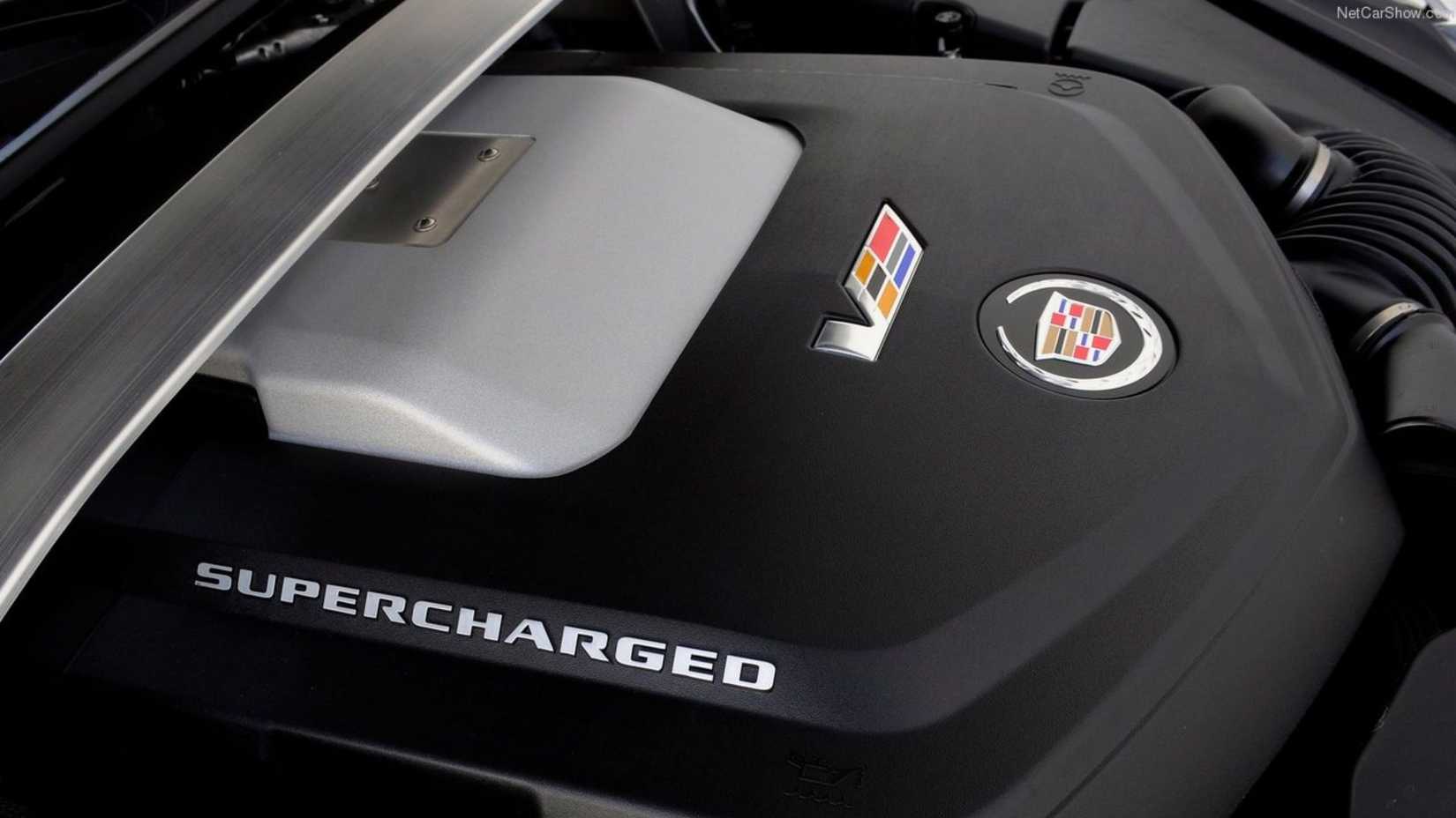 Close-up shot of the supercharged 6.2-liter V8 under the hood of a 2011 Cadillac CTS-V Wagon.