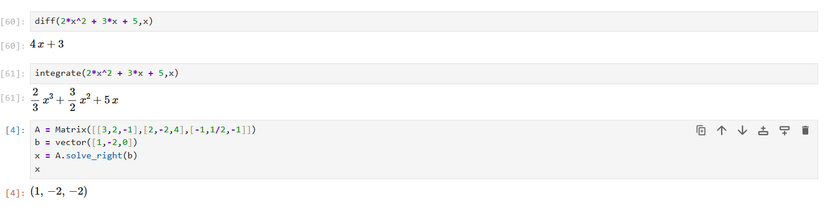Cálculo e álgebra linear em um notebook SageMath.