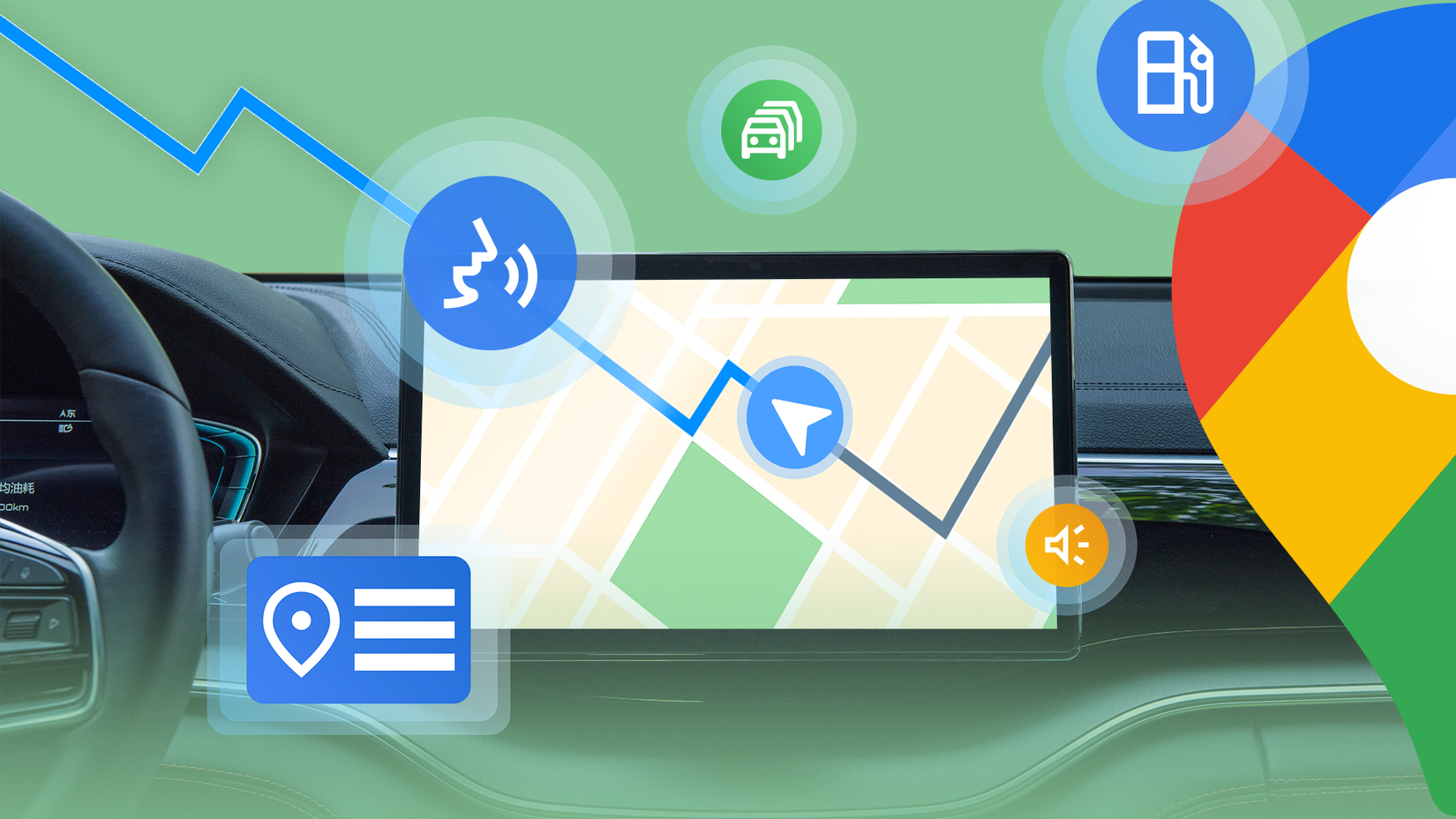 The car's dashboard displays a navigation screen with a Google Maps interface, surrounded by icons for voice commands, gas stations, traffic and location.