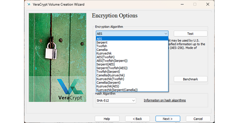 Changing the encryption algorithm in VeraCrypt.