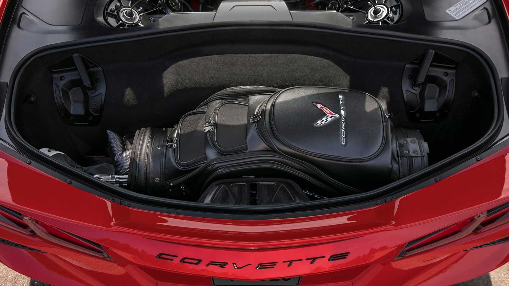 Golf clubs in the trunk of a 2020 Chevrolet Corvette