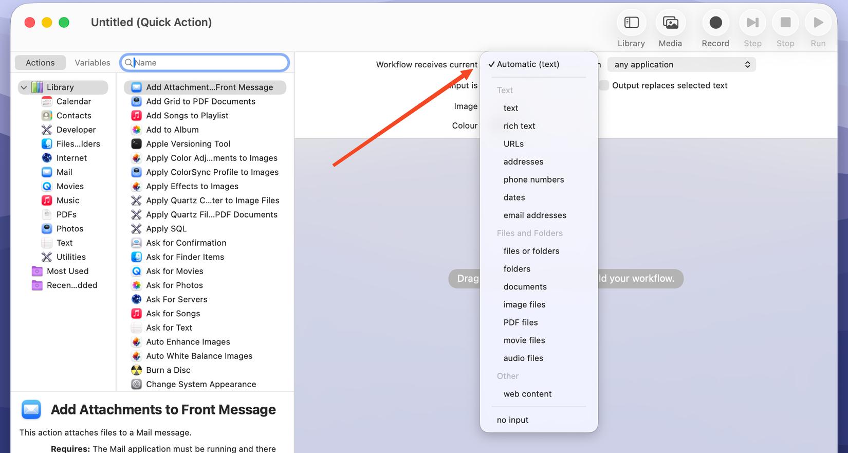 Choose the content in Automator.