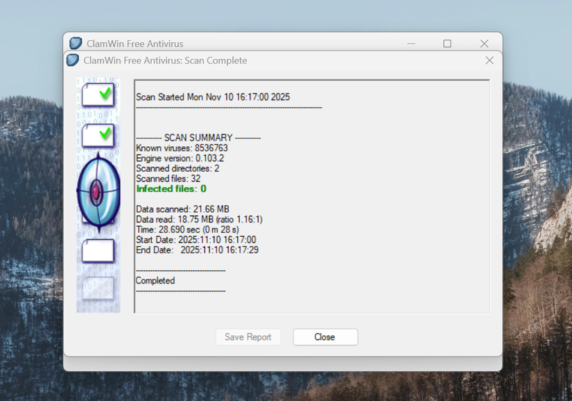 Uma captura de tela da GUI do ClamWin que adiciona um front-end ao antivírus ClamAV.