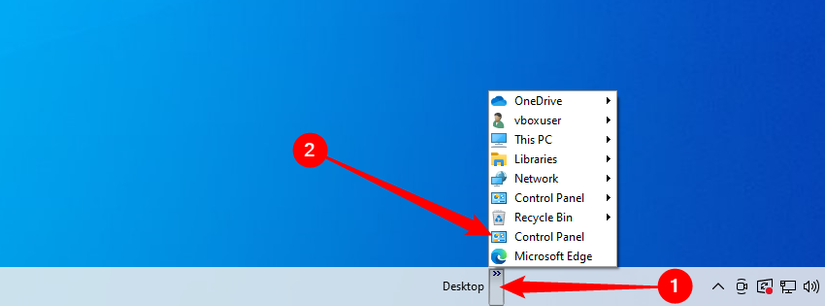 Clique na divisa dupla ao lado de Área de trabalho e clique em Painel de controle.