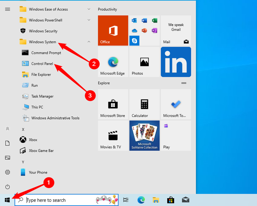 Clique no botão Iniciar, role até chegar ao Sistema Windows e selecione Painel de Controle.