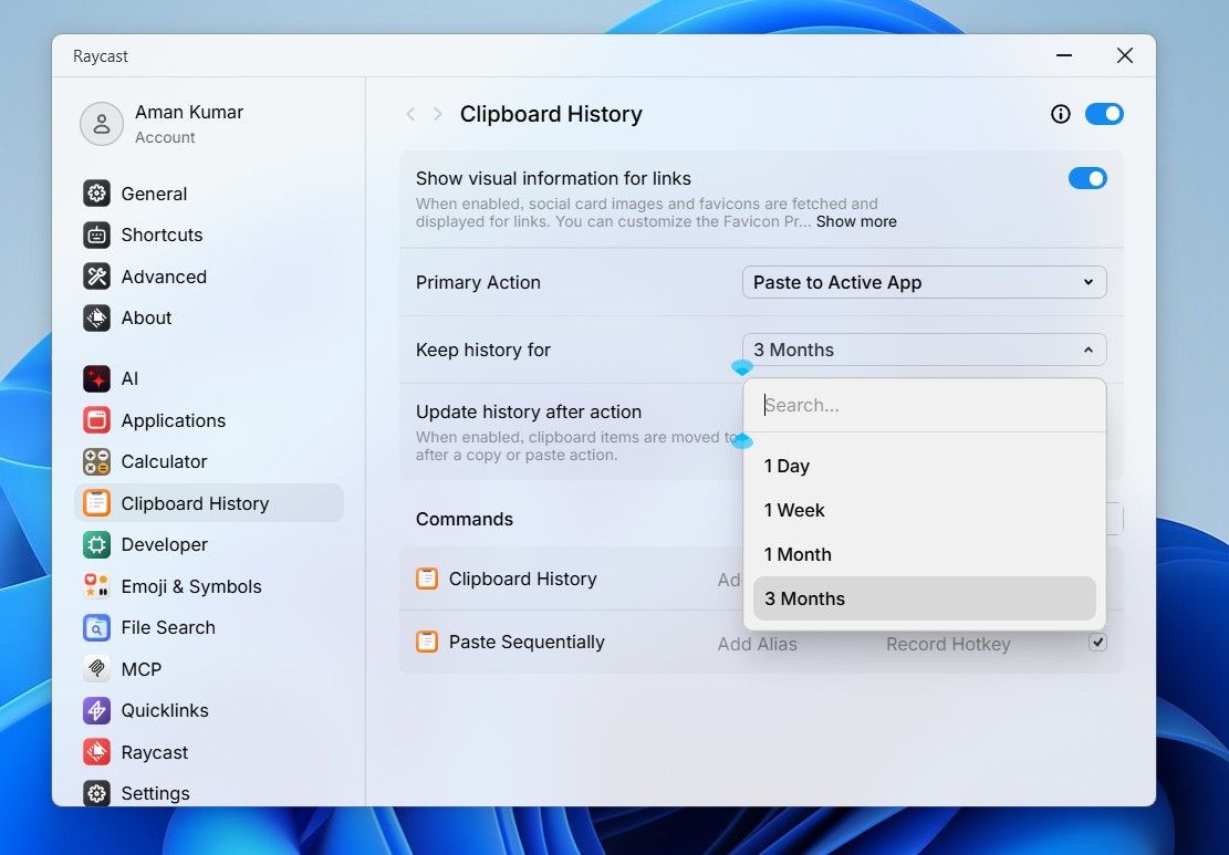 Clipboard manager settings window in Raycast.-1