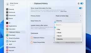 Clipboard manager settings window in Raycast.-1