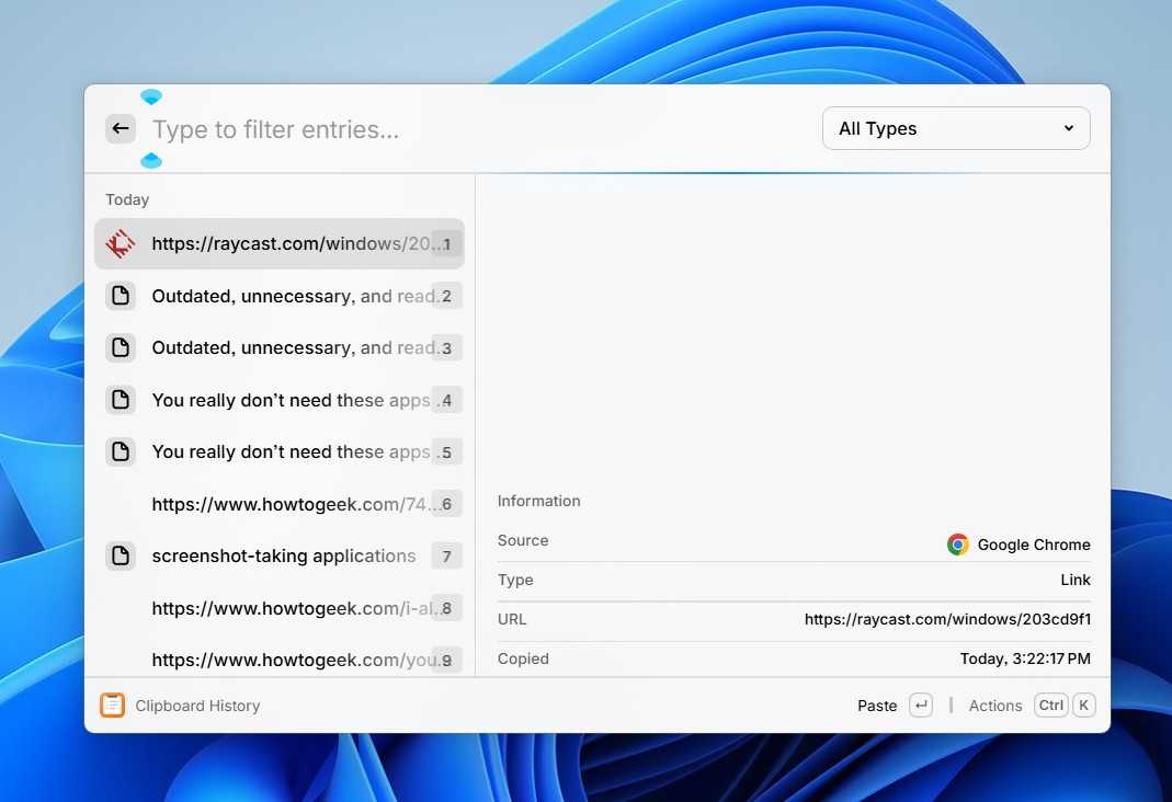 Clipboard manager window in Raycast.