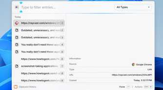 Clipboard manager window in Raycast.