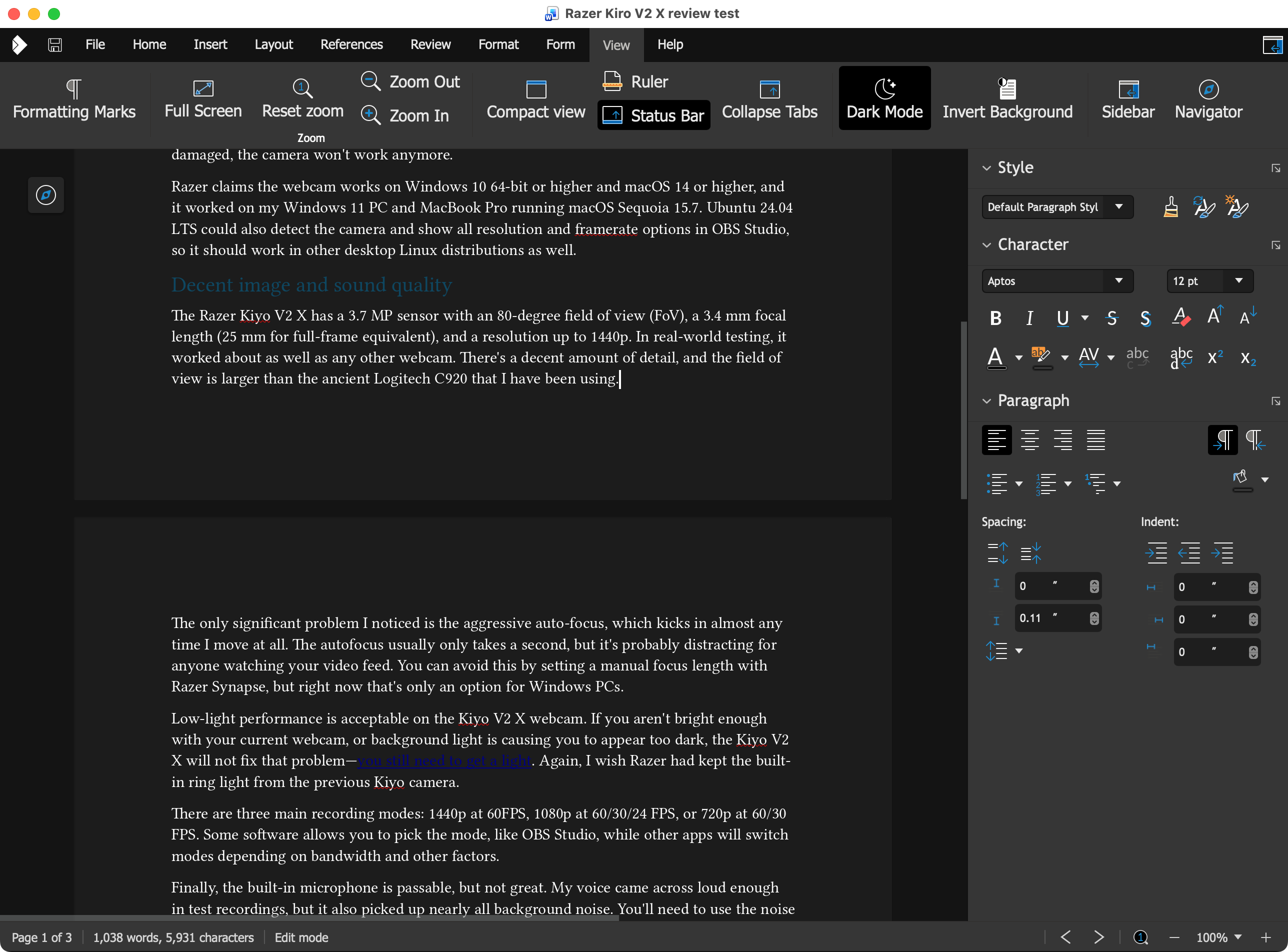 Collabora text editor in dark mode
