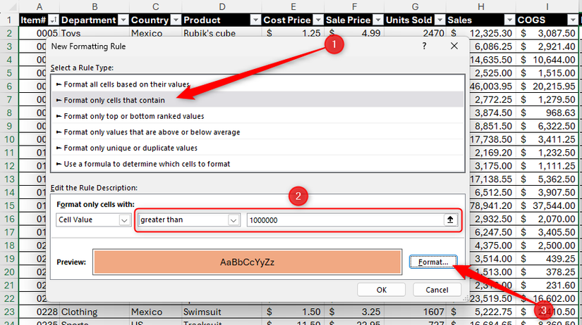 A Formatação Condicional é aplicada no Excel na forma de preenchimento de célula laranja a todas as células cujo valor seja superior a um milhão.