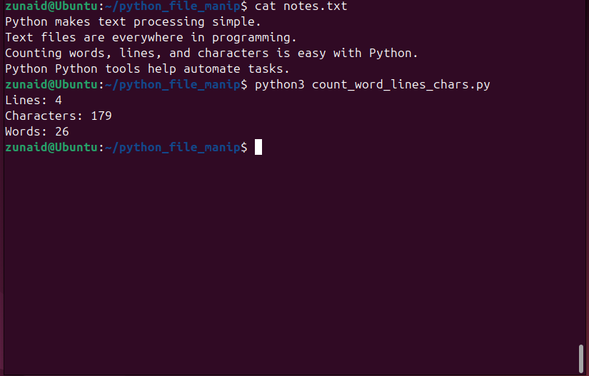 Counting the lines, characters, and words in a file using Python.
