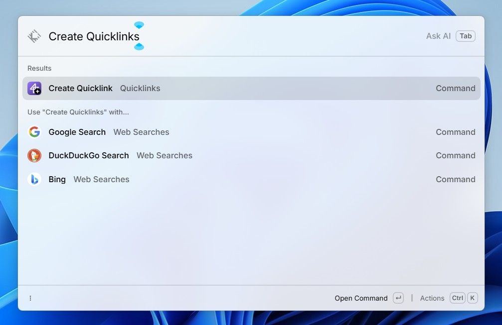 Create Quiclinks option in Raycast.