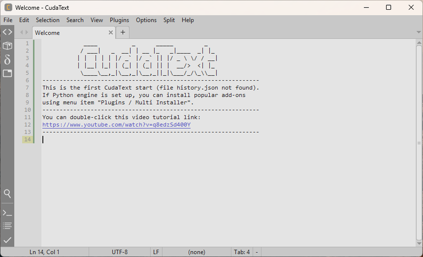 CudaText open to the welcome screen.