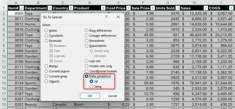 A validação de dados é selecionada na caixa de diálogo Ir para especial do Excel.
