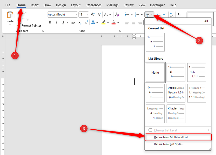 Define New Multilevel List is selected in the Home tab on Word's ribbon.