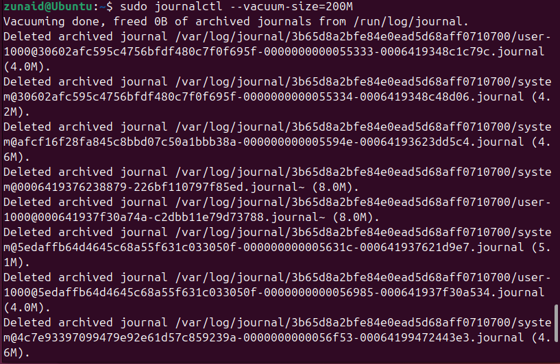 Excluindo arquivos de log do Linux maiores que duzentos megabytes usando journalctl.