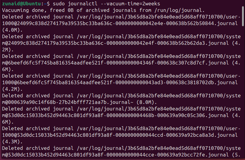 Excluindo arquivos de log do Linux com mais de duas semanas usando journalctl.