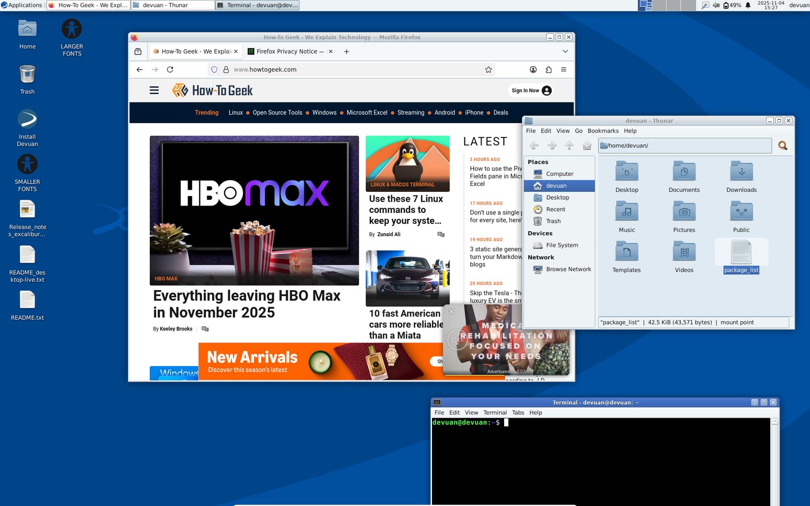 Desktop Devuan 6 Excalibur com navegador da web, navegador de arquivos e terminal aberto,