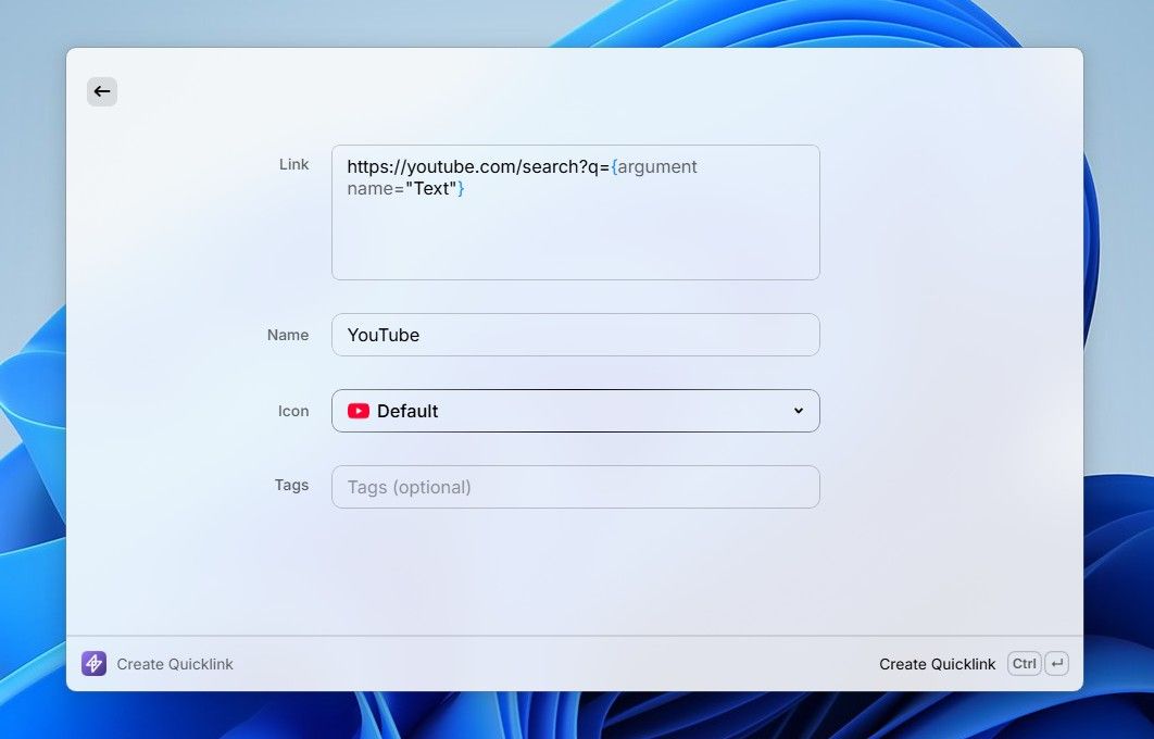 Different fields in Raycast Quiclinks