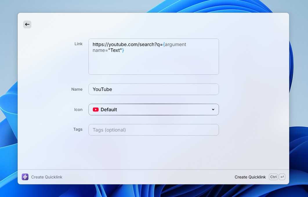 Different fields in Raycast Quiclinks