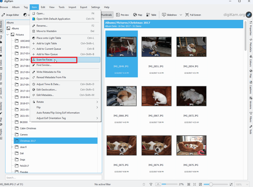 A screenshot of open-source photo manager, DigiKam. The context menu is open and scan for faces is highlighted in red.