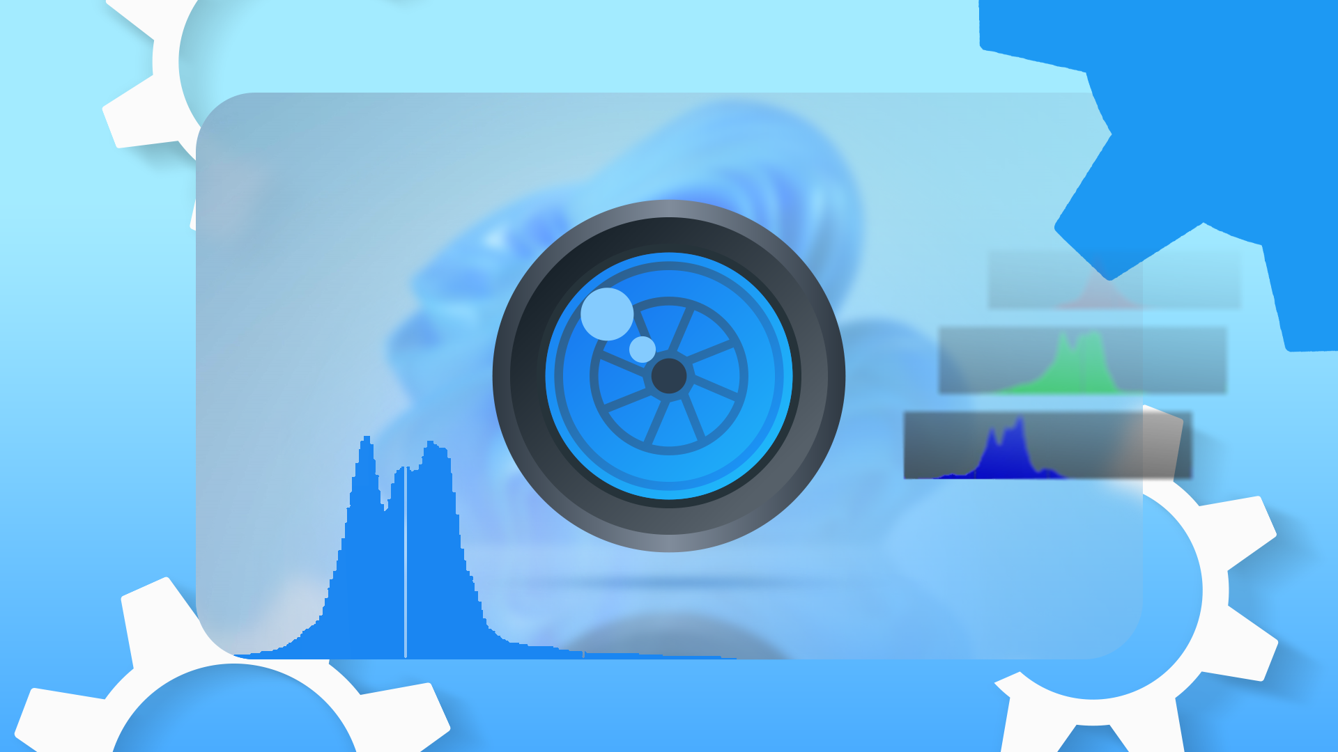 DigiKam icon centered with histogram graphics around it, surrounded by gear shapes, with the Windows wallpaper blurred in the background.