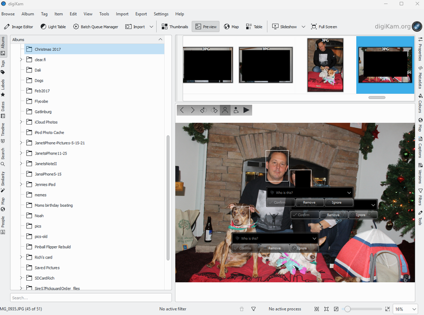 A screenshot of DigiKam showing the facial recognition metadata over the faces in the image