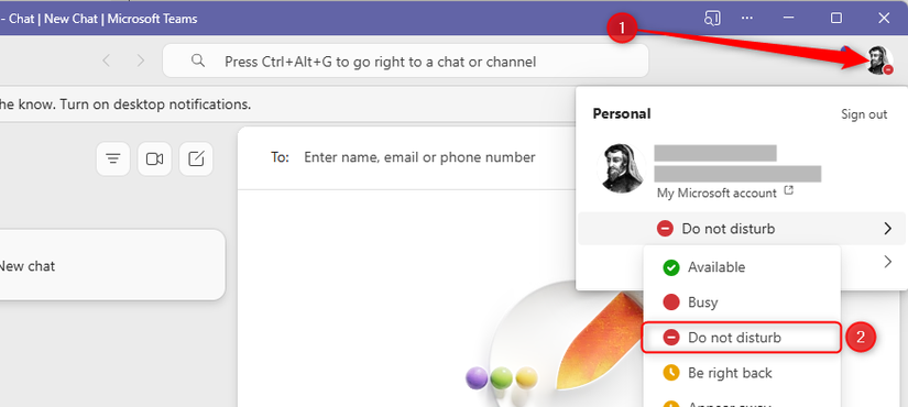 Do Not Disturb is activated in Microsoft Teams.