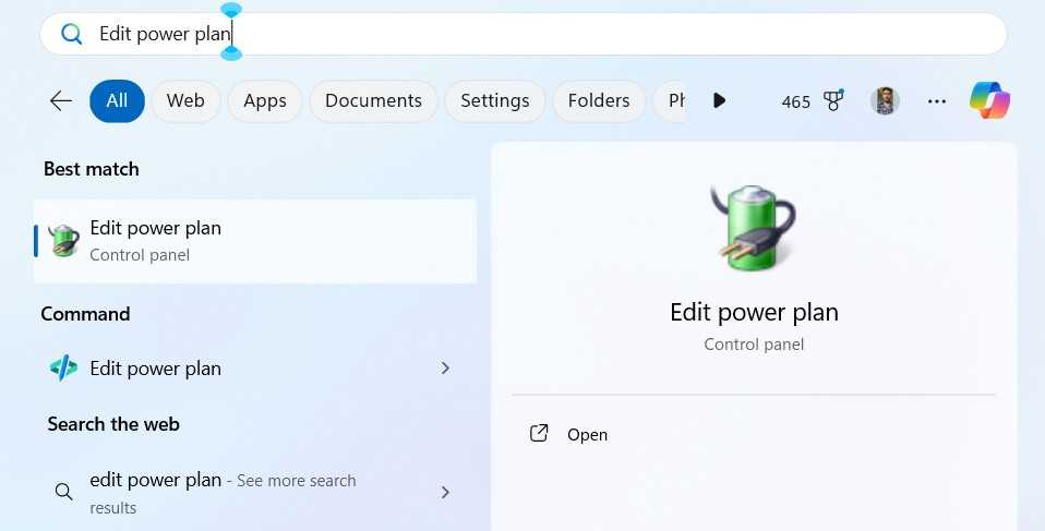 Edit power plan option in the Start menu.