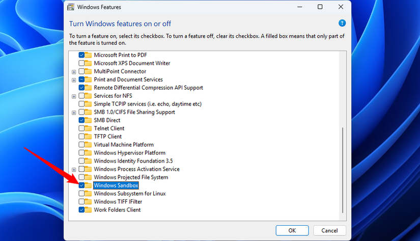Habilitando o recurso opcional Windows Sandbox.