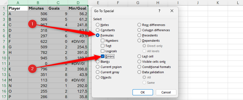 Os erros são verificados em Fórmulas na caixa de diálogo Ir para especial do Excel.