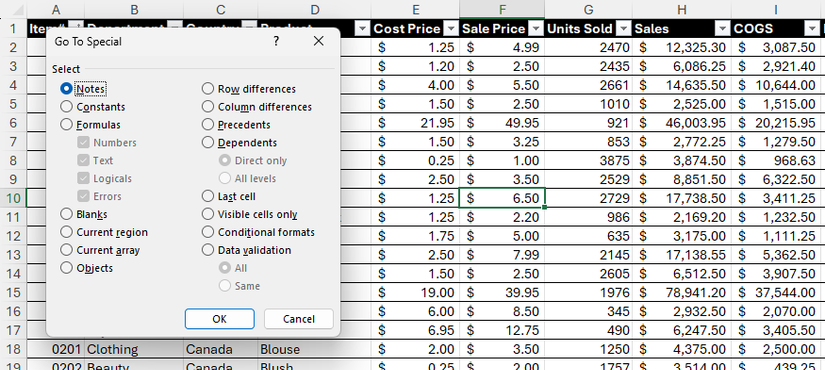 Excel's Go To Special dialog box over a densely populated worksheet.