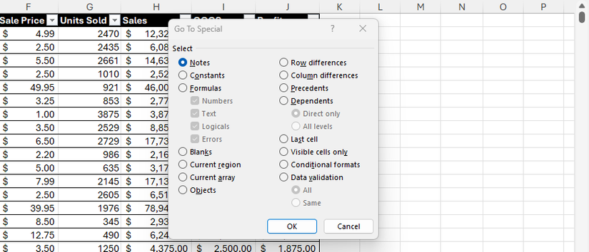 Caixa de diálogo Ir para especial do Excel.