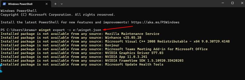 Comando de exportação no Terminal.