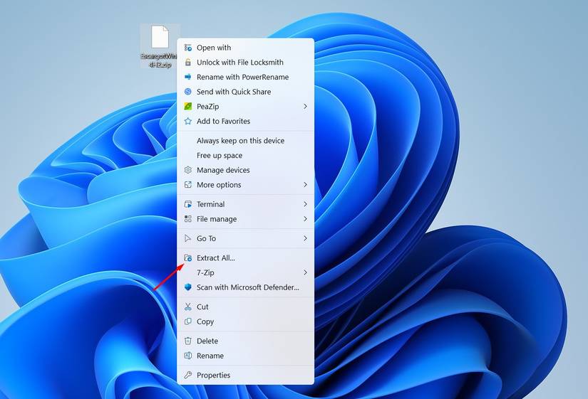 Opção de extração no menu de contexto do Windows 11.