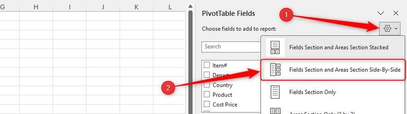 Seção de campos e seção de áreas lado a lado é selecionada no menu Ferramentas do painel Campos da tabela dinâmica no Excel.