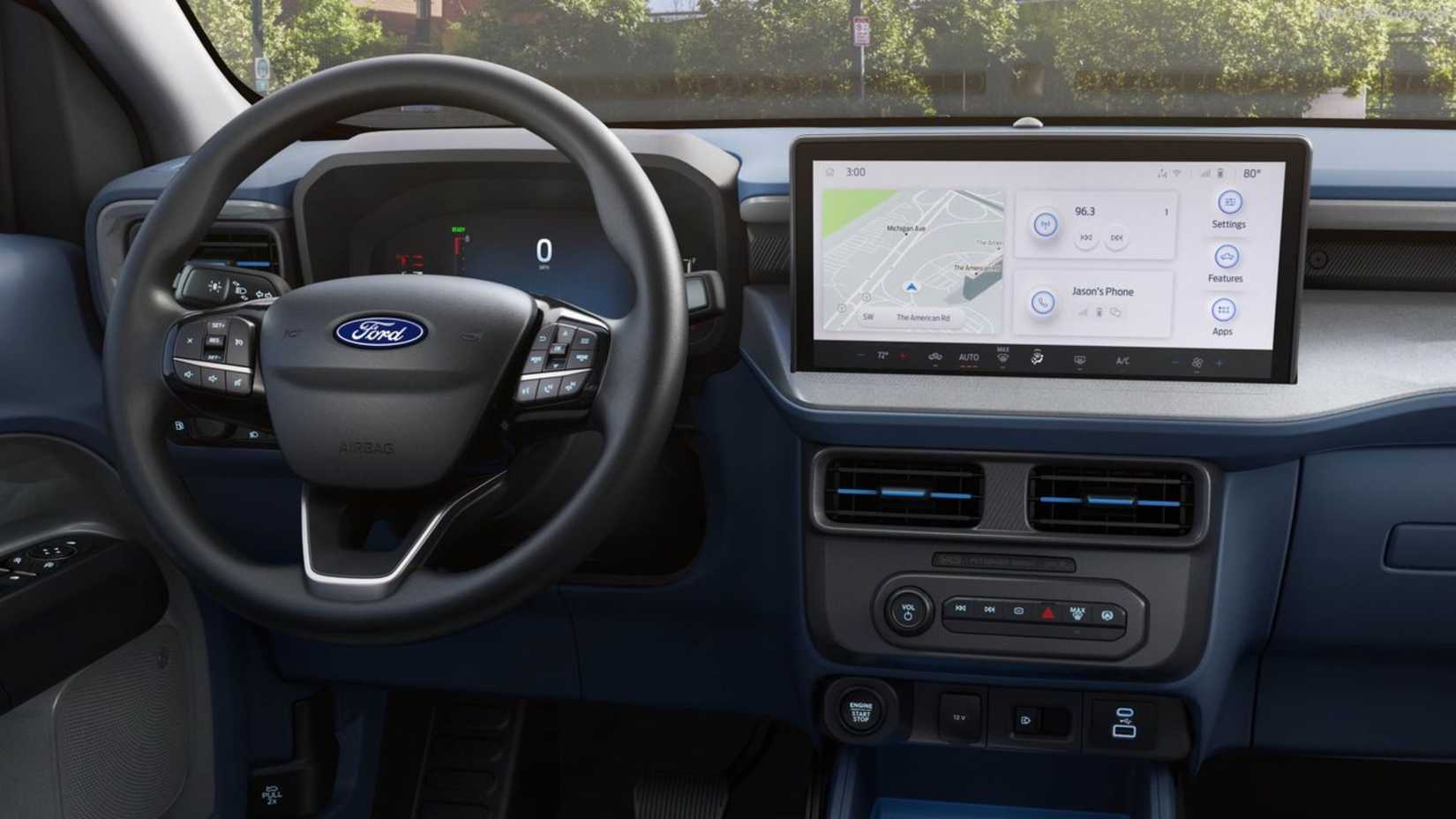 Shot of the steering wheel and infotainment screen in a 2025 Ford Maverick.