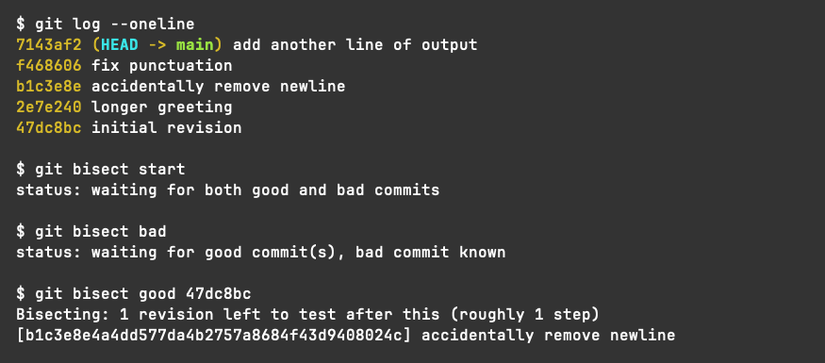 The git bisect start command beginning the process of selecting a specific commit.