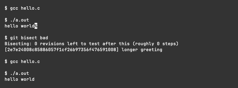 Executar um programa para confirmar um bug e, em seguida, verificar uma versão anterior com git bisect na qual o bug foi corrigido.