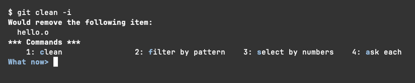 O comando git clean executado com a opção -i mostra uma lista de arquivos que ele pode remover, com comandos opcionais para limpar todos, filtrar ou selecionar arquivos individuais, ou manipulá-los um por um.