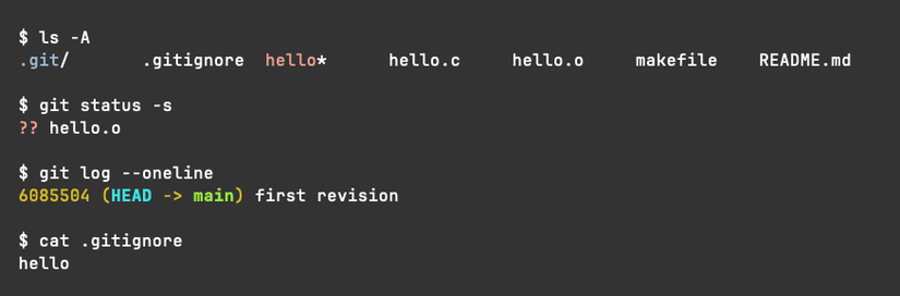 Uma lista de arquivos na árvore de trabalho de um repositório e seu status git confirmam que um arquivo – hello.o – não é rastreado, enquanto outro – hello – está em .gitignore.