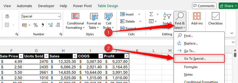 Go To Special is selected in Excel's Find And Select drop-down menu.
