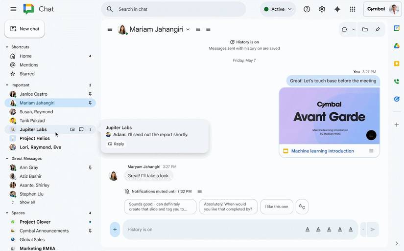 Bate-papo do Google mostrando a visualização de uma mensagem