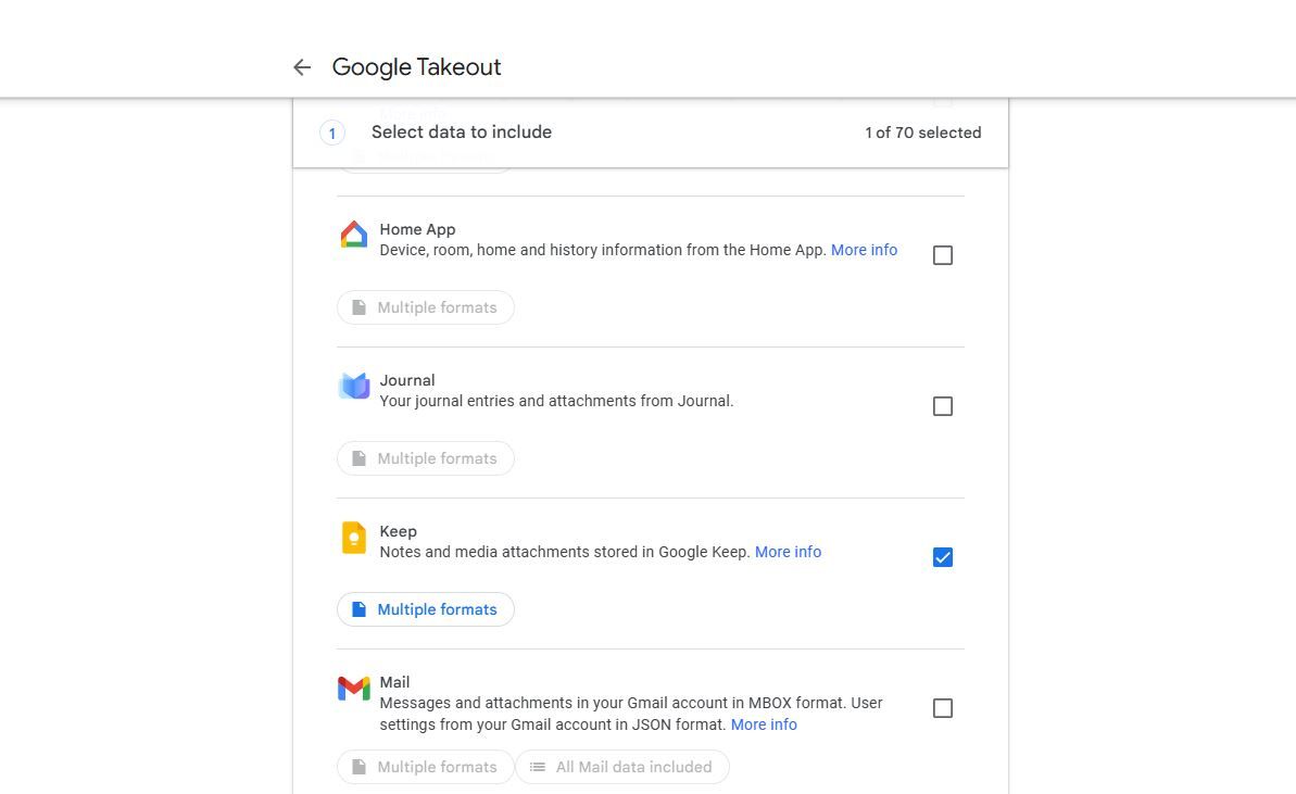 Google Keep being selected in Google Takeout