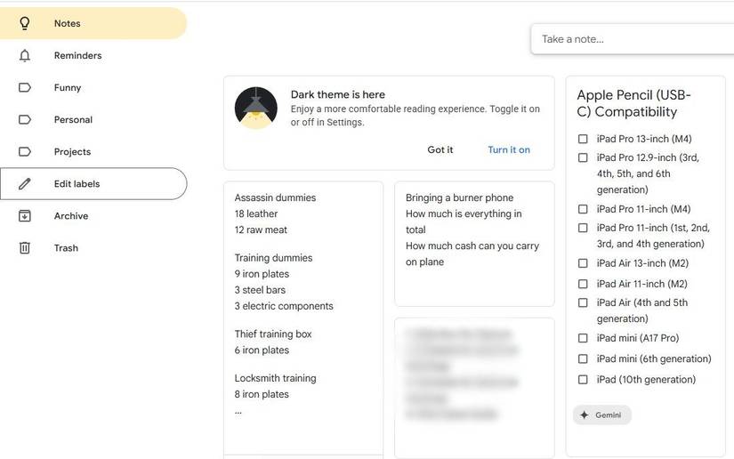 Notas do Google Keep com os rótulos organizados
