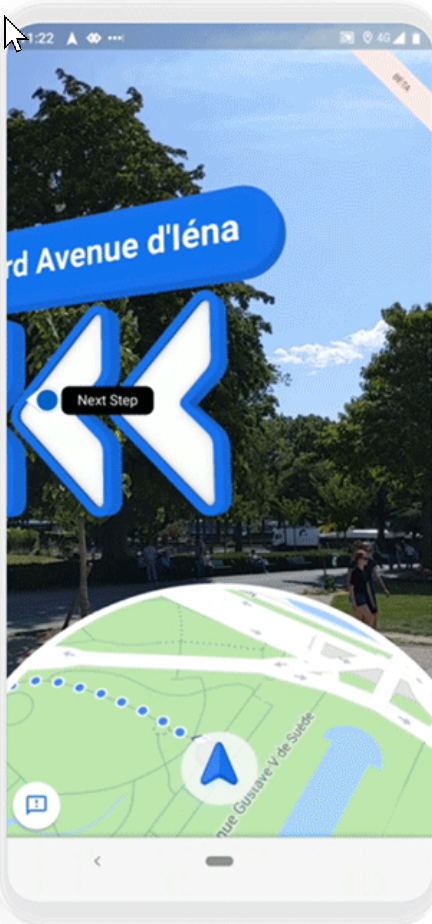 A screenshot of Google Maps Live View for walking or biking. There are AR arrows overlayed on the camera view showing which way to go.